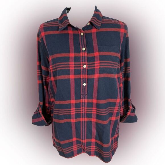 Tommy Hilfiger Top Women’s L Red Blue Plaid Roll Tab Sleeves Casual Preppy - Picture 1 of 11